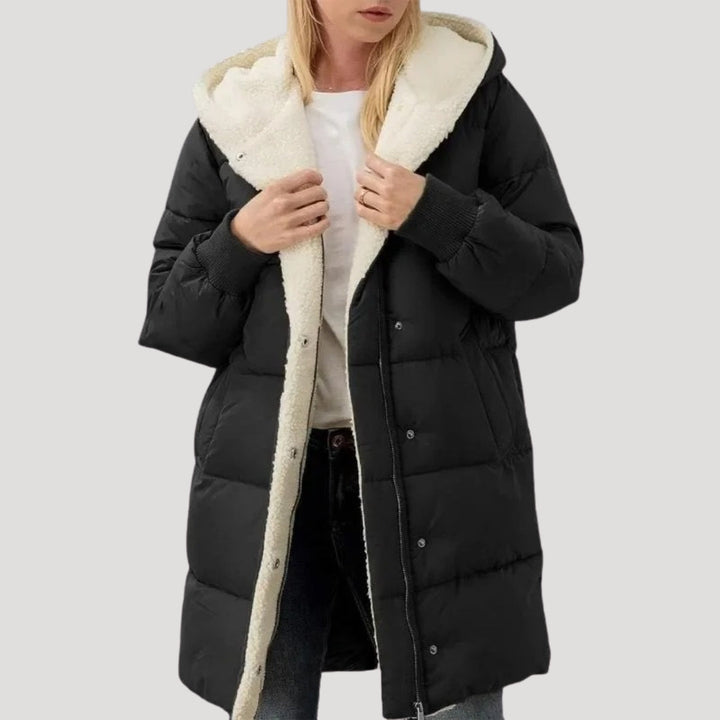 Women's Hooded Quilted Puffer Coat with Sherpa Lining and Wrap Front