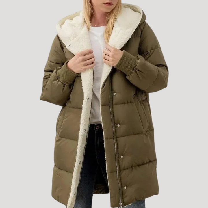 Women's Hooded Quilted Puffer Coat with Sherpa Lining and Wrap Front