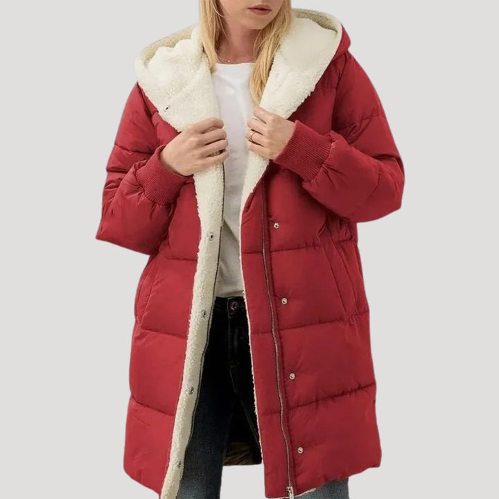 Women's Hooded Quilted Puffer Coat with Sherpa Lining and Wrap Front