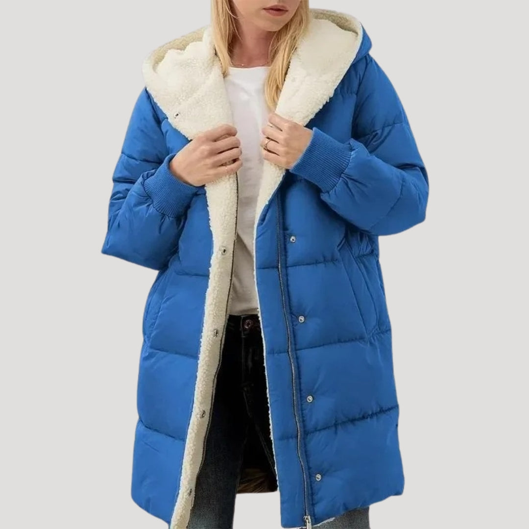 Women's Hooded Quilted Puffer Coat with Sherpa Lining and Wrap Front