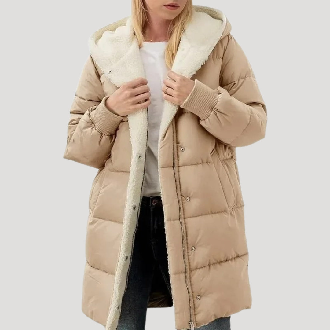 Women's Hooded Quilted Puffer Coat with Sherpa Lining and Wrap Front