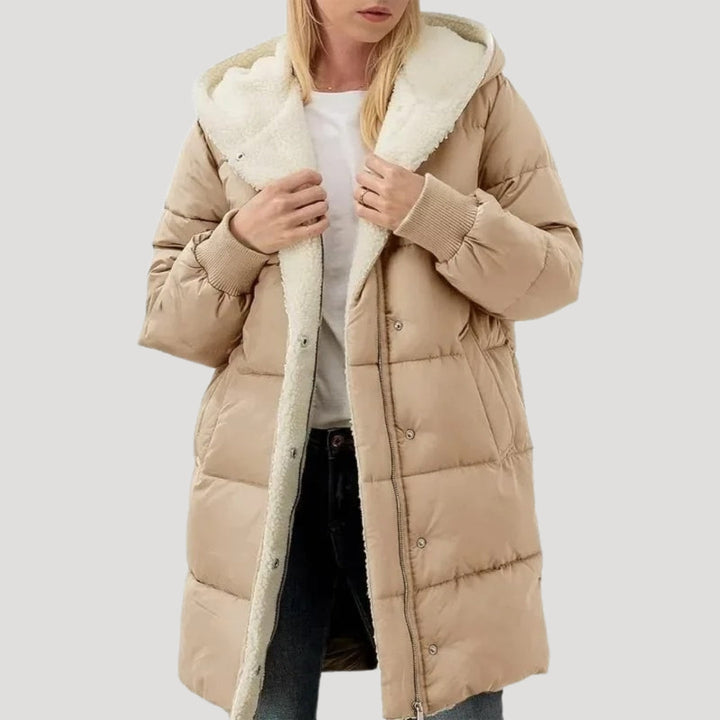 Women's Hooded Quilted Puffer Coat with Sherpa Lining and Wrap Front