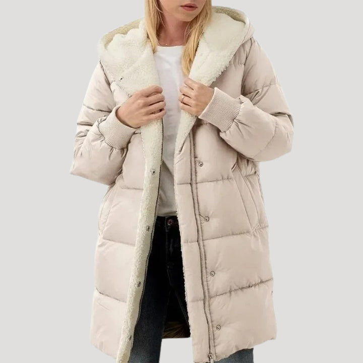 Women's Hooded Quilted Puffer Coat with Sherpa Lining and Wrap Front