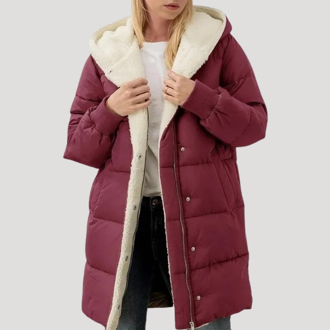 Women's Hooded Quilted Puffer Coat with Sherpa Lining and Wrap Front