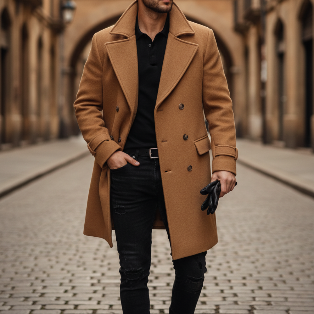 Men's Navy Blue Double-Breasted Wool Blend Overcoat with Notch Lapels