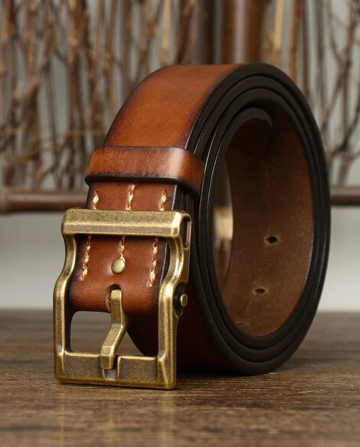 Everard Men's Full-Grain Leather Belt with Antique Brass Pin Buckle