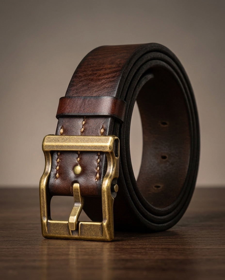 Everard Men's Full-Grain Leather Belt with Antique Brass Pin Buckle