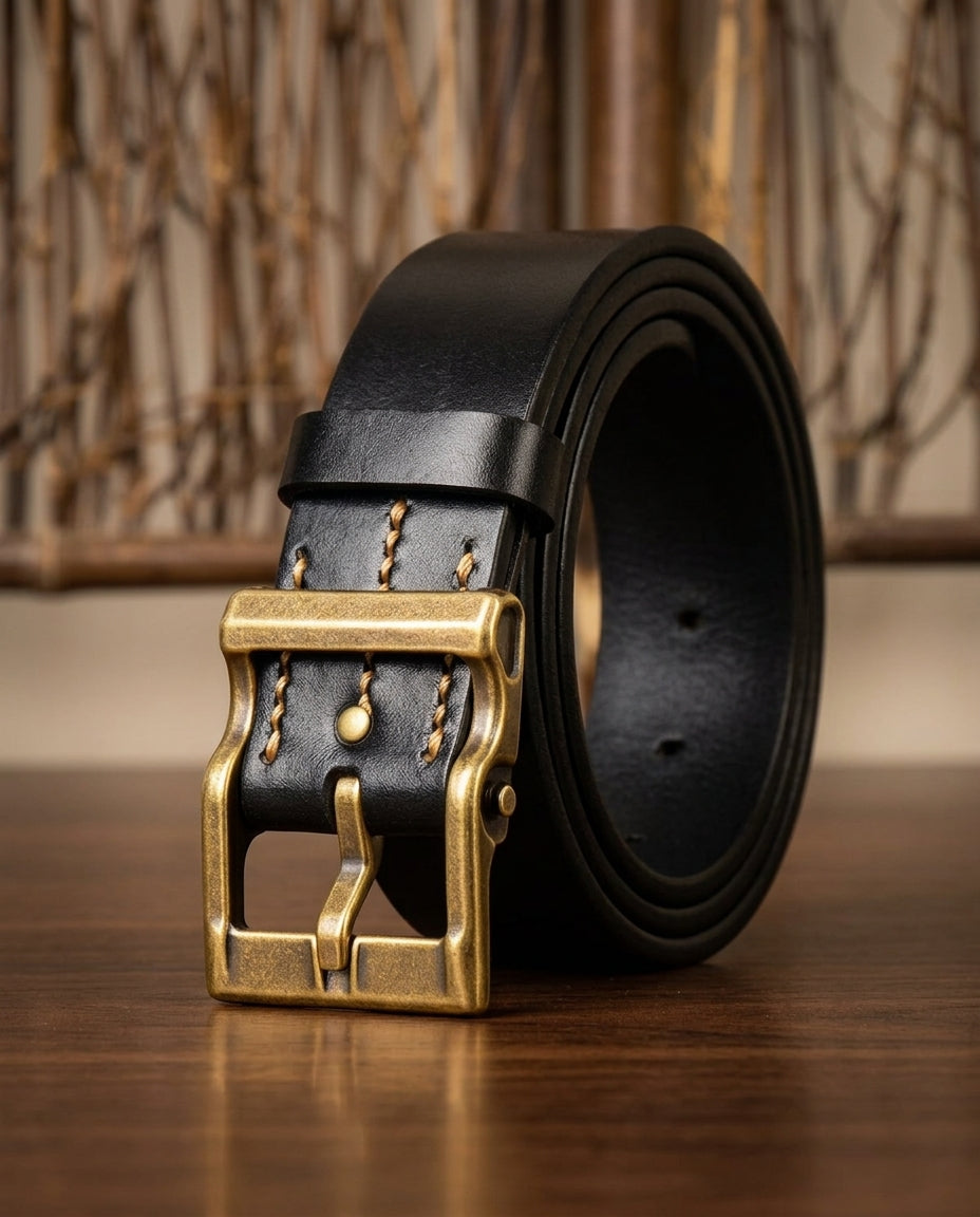 Everard Men's Full-Grain Leather Belt with Antique Brass Pin Buckle