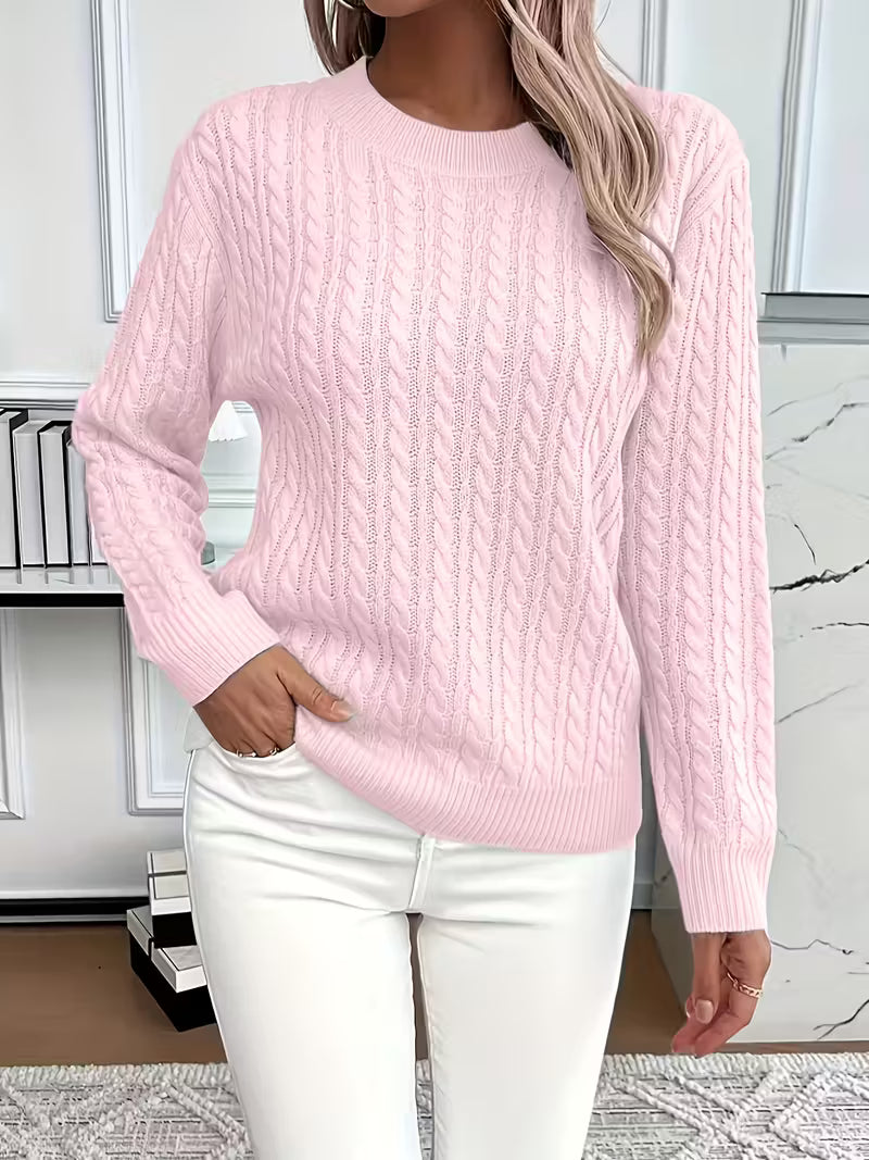 Women's Cable Knit Crewneck Sweater in Mint Green - Relaxed Fit Long Sleeve Pullover