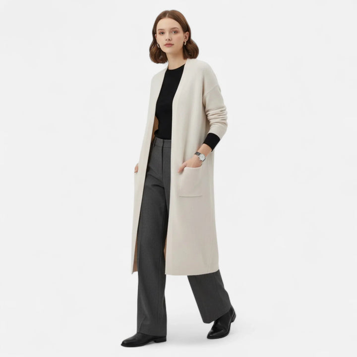 Women's Ribbed Knit Longline Open-Front Cardigan Sweater with Patch Pockets