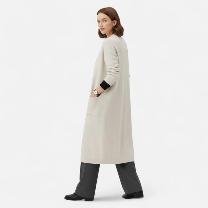 Women's Ribbed Knit Longline Open-Front Cardigan Sweater with Patch Pockets