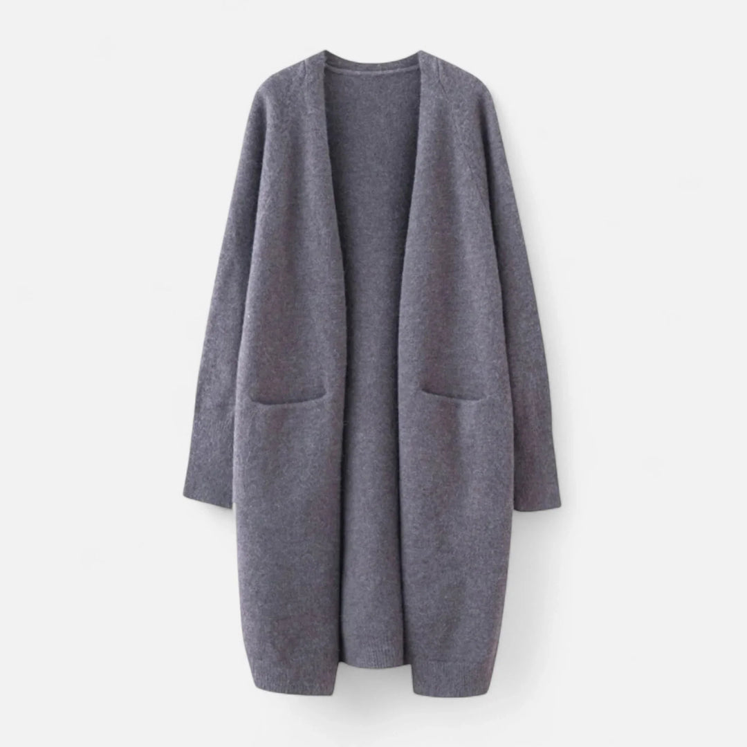 Women's Ribbed Knit Longline Open-Front Cardigan Sweater with Patch Pockets