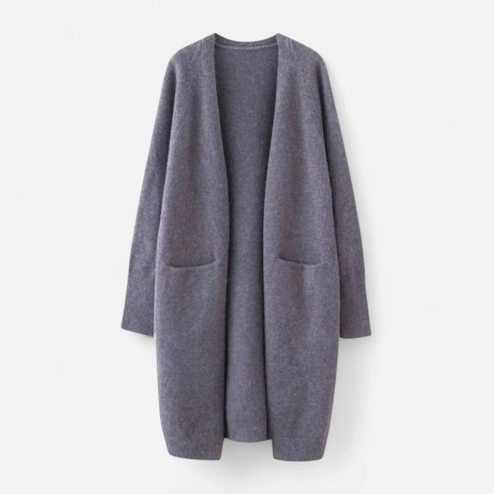 Women's Ribbed Knit Longline Open-Front Cardigan Sweater with Patch Pockets