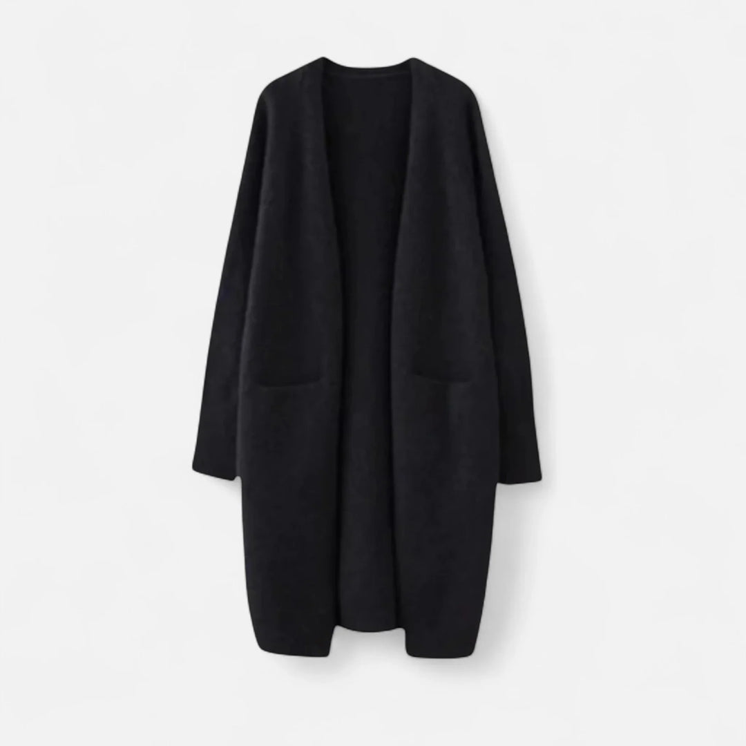 Women's Ribbed Knit Longline Open-Front Cardigan Sweater with Patch Pockets