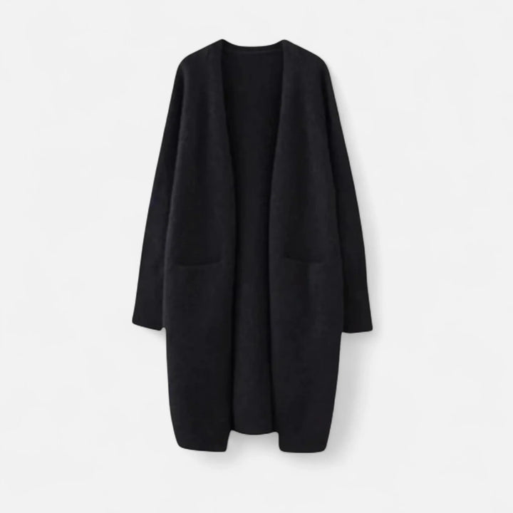 Women's Ribbed Knit Longline Open-Front Cardigan Sweater with Patch Pockets