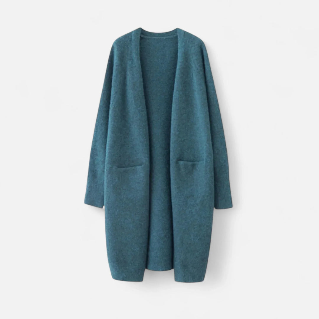 Women's Ribbed Knit Longline Open-Front Cardigan Sweater with Patch Pockets