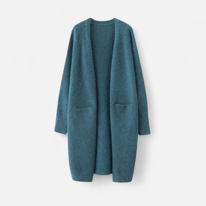 Women's Ribbed Knit Longline Open-Front Cardigan Sweater with Patch Pockets