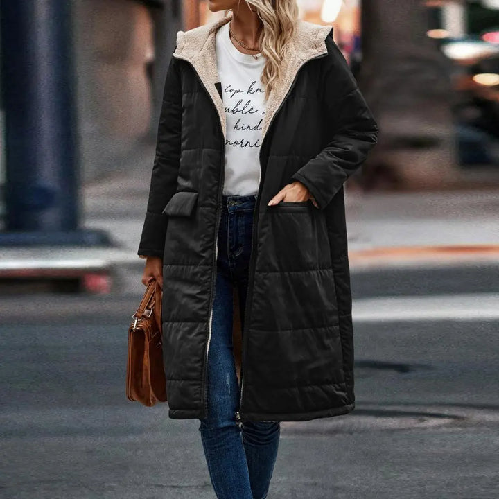 Women's Reversible Quilted Parka Coat with Sherpa Hood and Front Pockets