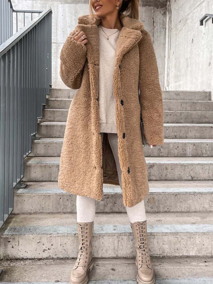 Sophia | Long Teddy Bear Fleece Coat with Button Front for Women