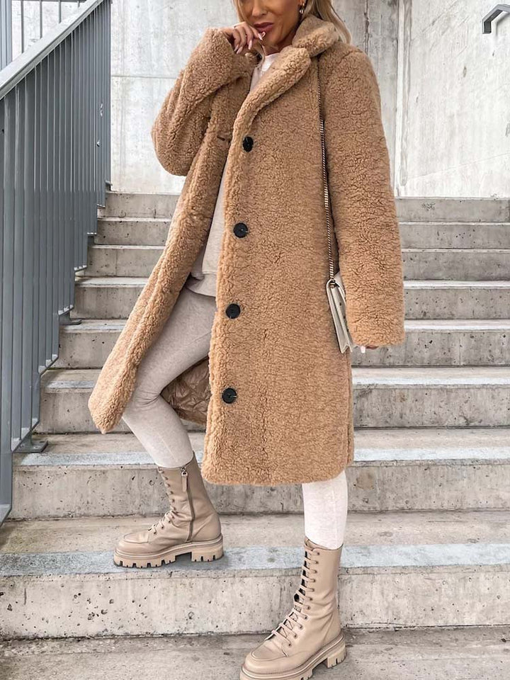 Sophia | Long Teddy Bear Fleece Coat with Button Front for Women