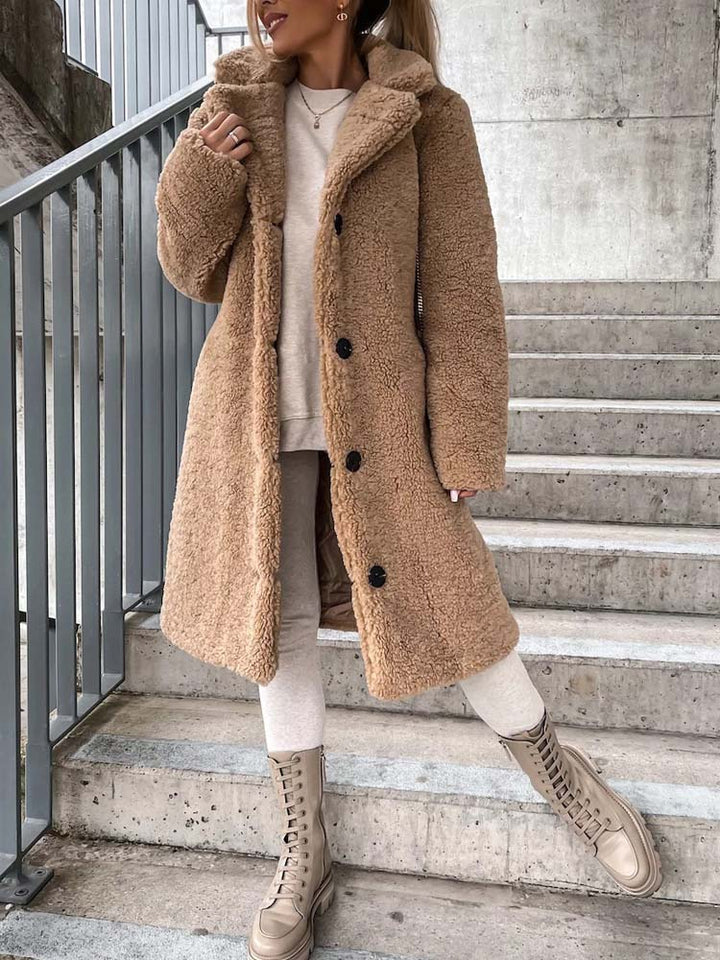 Sophia | Long Teddy Bear Fleece Coat with Button Front for Women