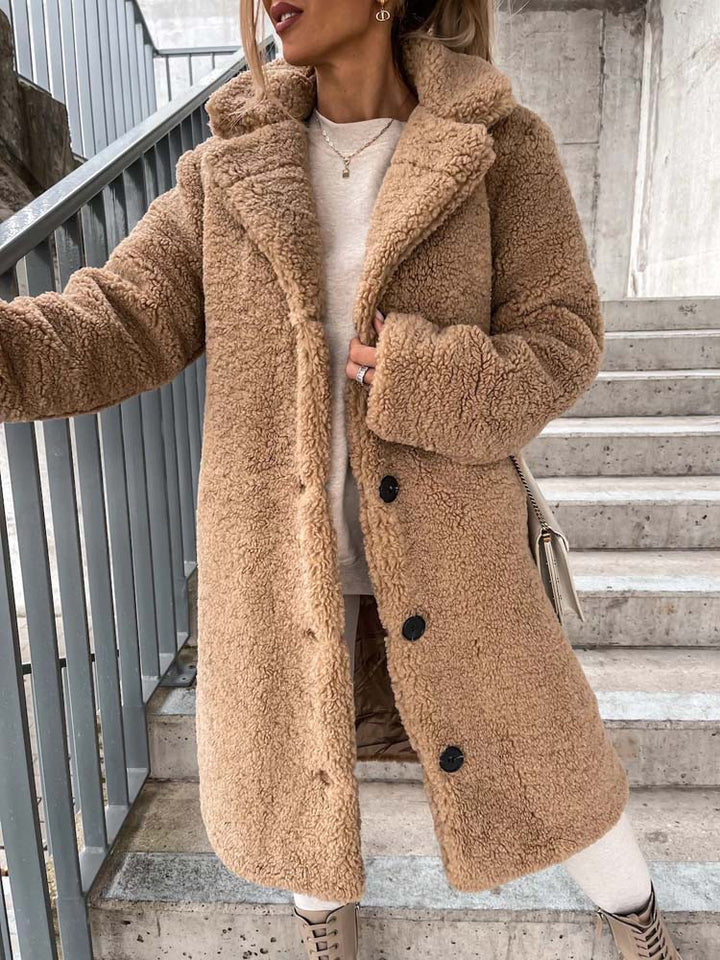 Sophia | Long Teddy Bear Fleece Coat with Button Front for Women