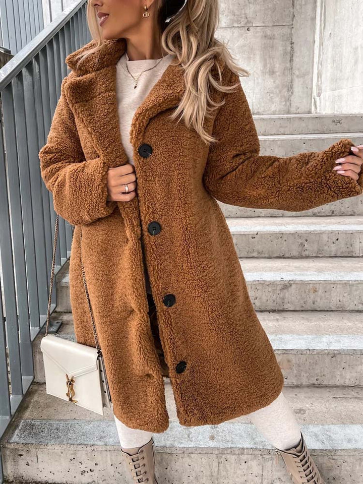 Sophia | Long Teddy Bear Fleece Coat with Button Front for Women
