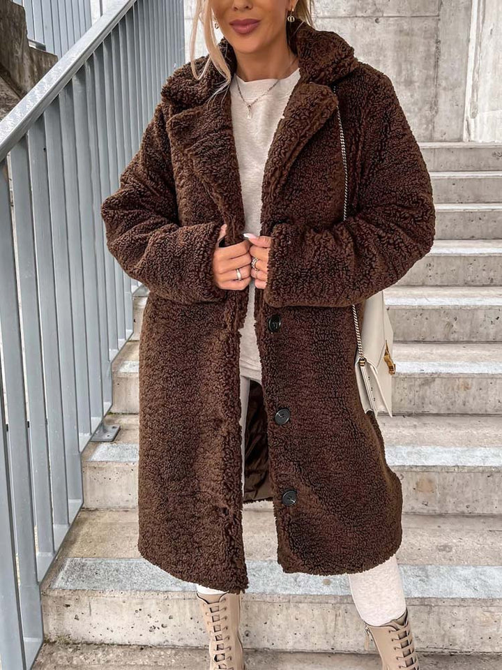 Sophia | Long Teddy Bear Fleece Coat with Button Front for Women