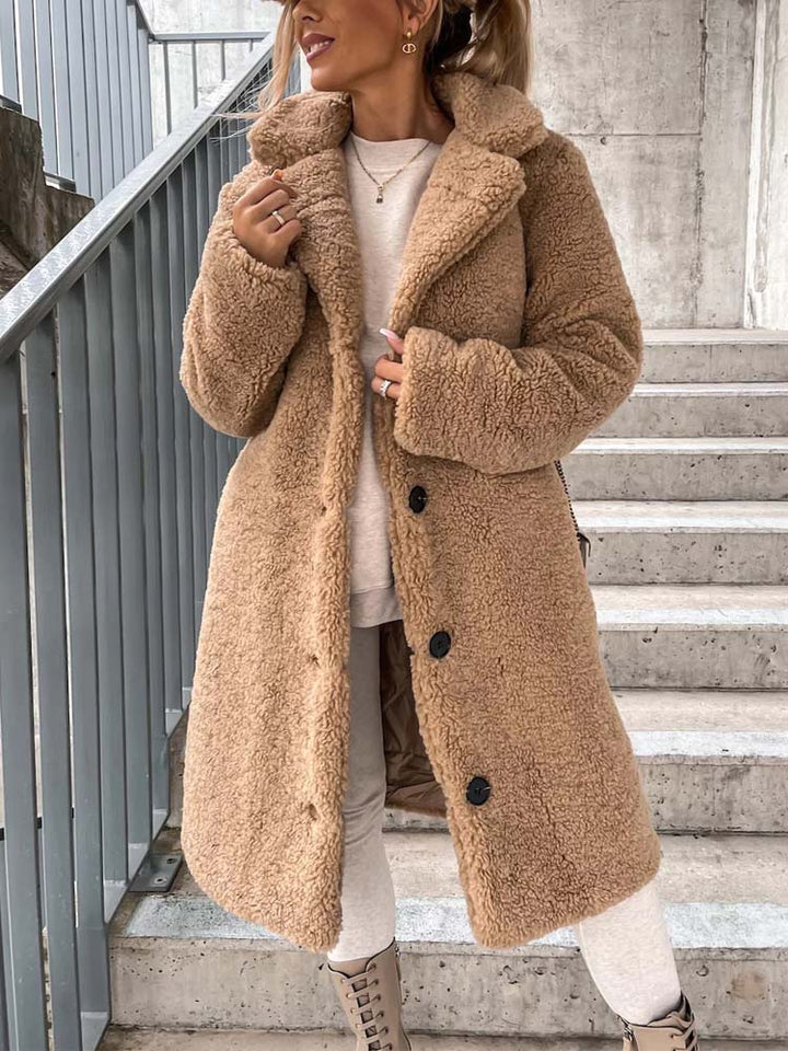 Sophia | Long Teddy Bear Fleece Coat with Button Front for Women