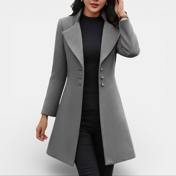 Emmaline Women's Fitted Long Coat with Notched Lapel in Black