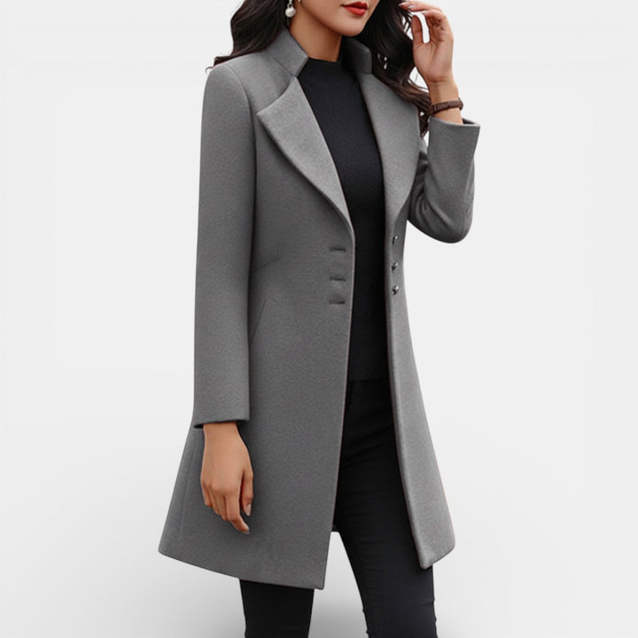 Emmaline Women's Fitted Long Coat with Notched Lapel in Black
