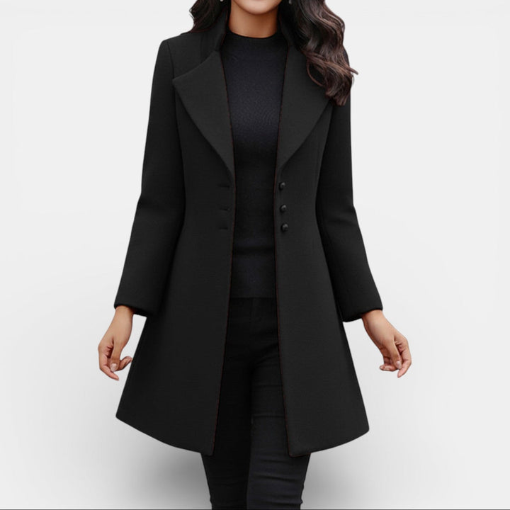 Emmaline Women's Fitted Long Coat with Notched Lapel in Black