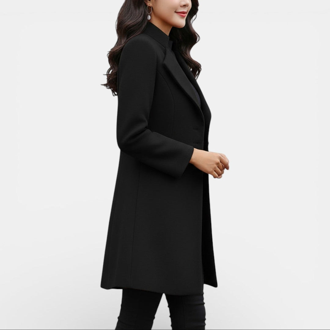 Emmaline Women's Fitted Long Coat with Notched Lapel in Black