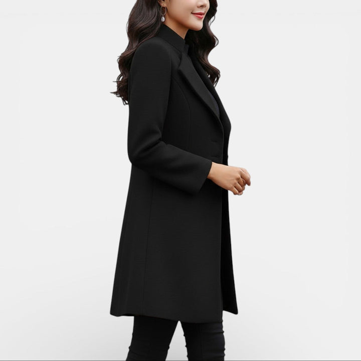 Emmaline Women's Fitted Long Coat with Notched Lapel in Black