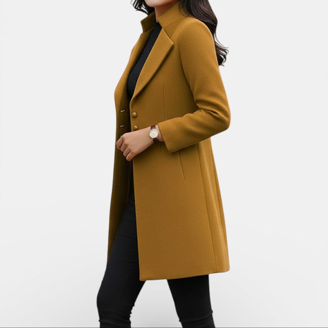 Emmaline Women's Fitted Long Coat with Notched Lapel in Black