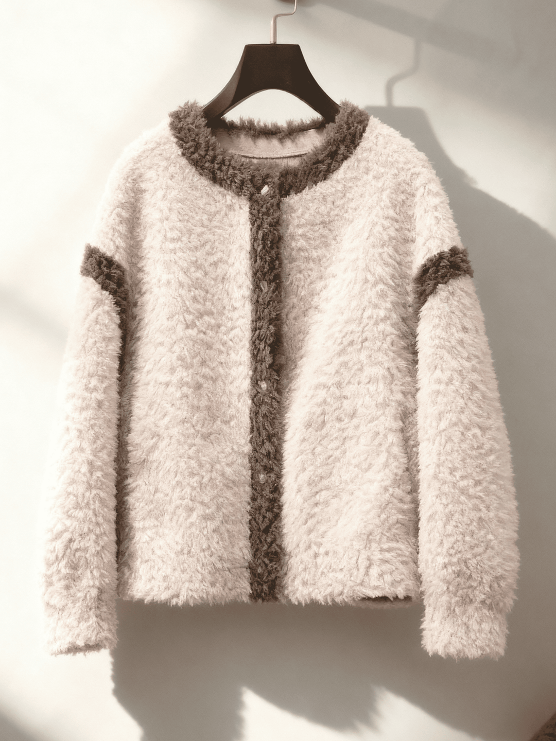 Bellamy Two-Tone Sherpa Fleece Cardigan Jacket with Contrast Trim