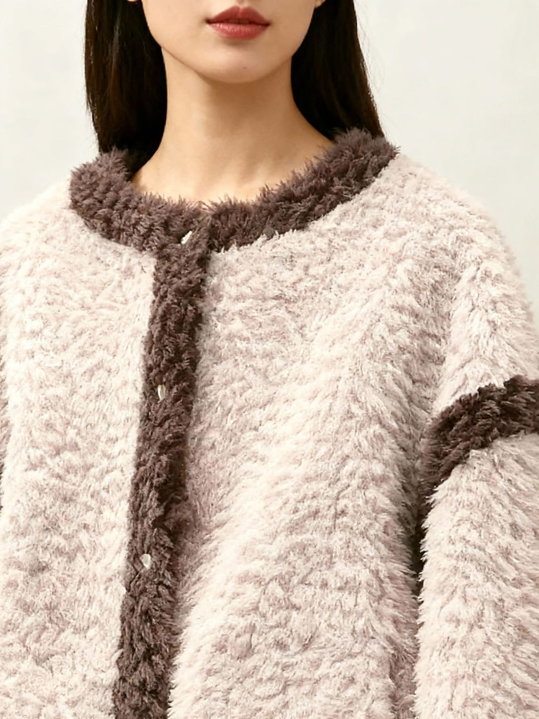 Bellamy Two-Tone Sherpa Fleece Cardigan Jacket with Contrast Trim