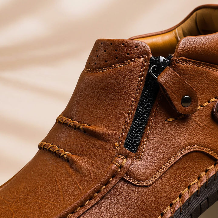 Langford Men's Leather Casual Shoe with Side Zip and Hand-Stitched Detail