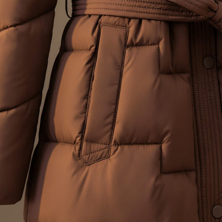 Anastasia Women's Quilted Hooded Long Puffer Coat with Belt