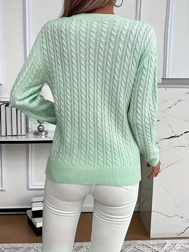 Women's Cable Knit Crewneck Sweater in Mint Green - Relaxed Fit Long Sleeve Pullover