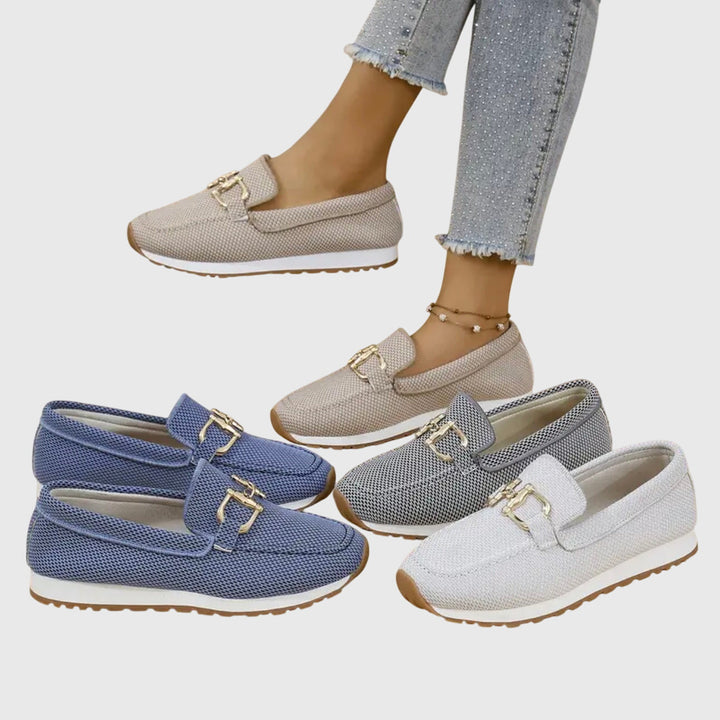 Women's Knit Slip-On Loafer Sneakers with Gold-Tone Buckle Detail