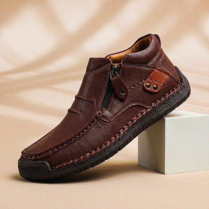Langford Men's Leather Casual Shoe with Side Zip and Hand-Stitched Detail