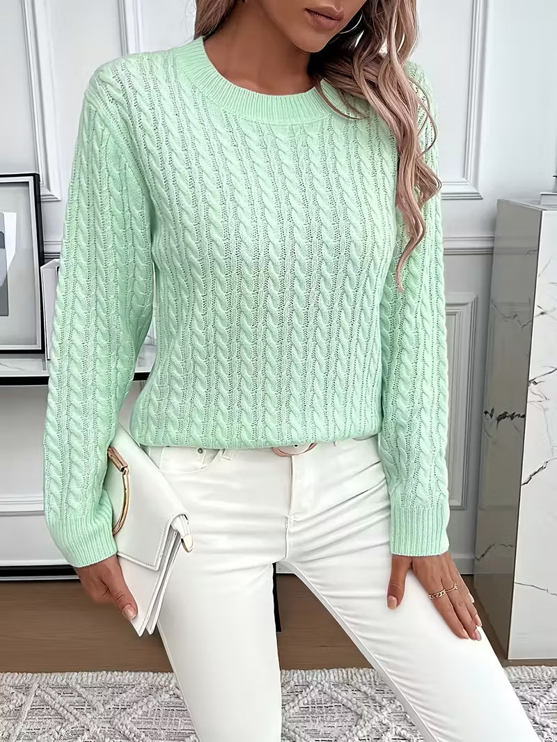 Women's Cable Knit Crewneck Sweater in Mint Green - Relaxed Fit Long Sleeve Pullover