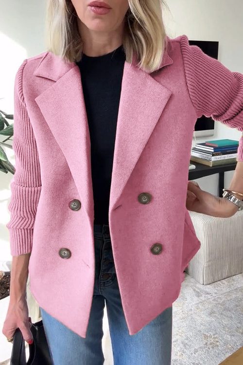 Camille | Double-Breasted Wool-Blend Blazer Coat with Ribbed Knit Sleeves for Women