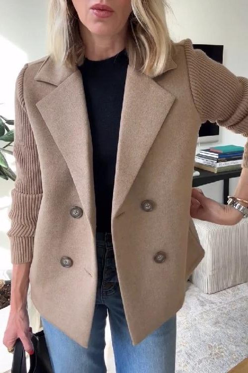 Camille | Double-Breasted Wool-Blend Blazer Coat with Ribbed Knit Sleeves for Women
