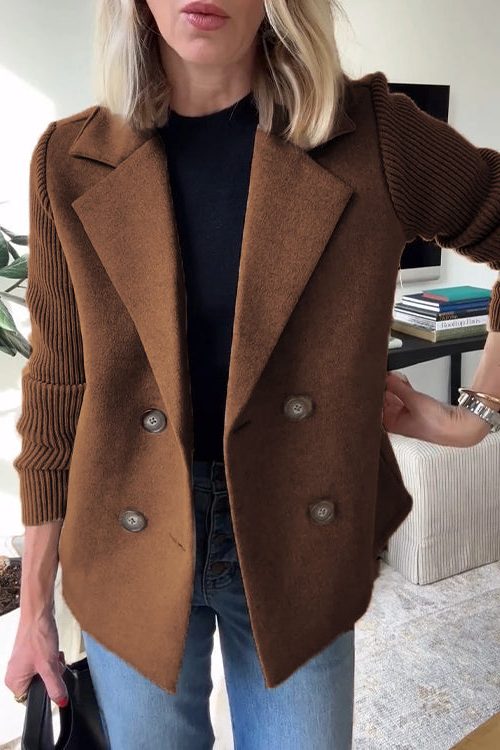 Camille | Double-Breasted Wool-Blend Blazer Coat with Ribbed Knit Sleeves for Women