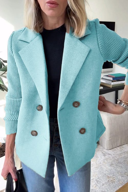 Camille | Double-Breasted Wool-Blend Blazer Coat with Ribbed Knit Sleeves for Women