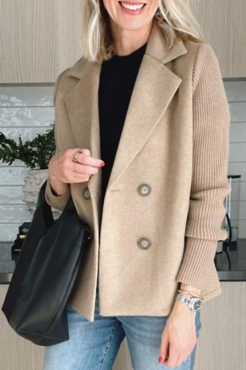 Camille | Double-Breasted Wool-Blend Blazer Coat with Ribbed Knit Sleeves for Women