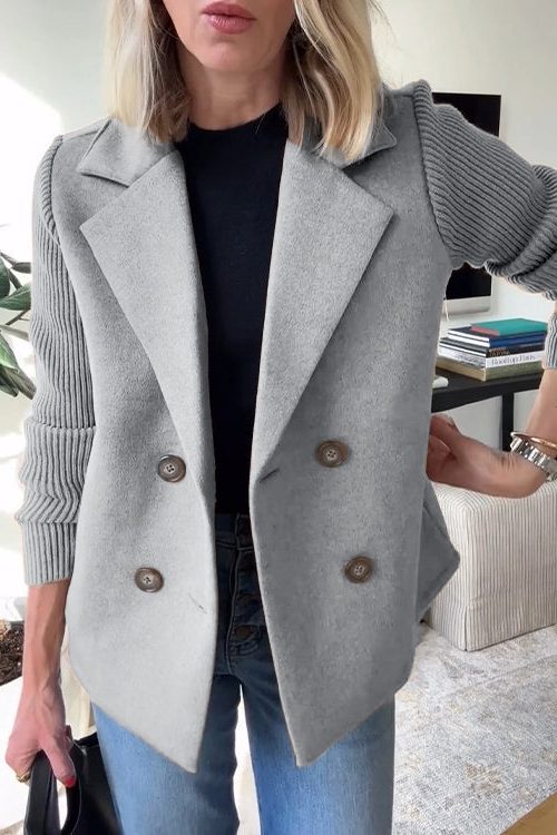 Camille | Double-Breasted Wool-Blend Blazer Coat with Ribbed Knit Sleeves for Women