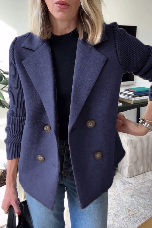 Camille | Double-Breasted Wool-Blend Blazer Coat with Ribbed Knit Sleeves for Women